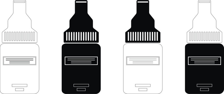 Medical dropper bottles. Plastic liquid isolated vector illustration. black white glass bottles with liquid contents