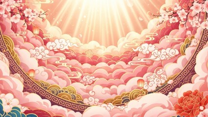 Enchanting Celestial Dreamscape with Cherry Blossoms and Golden Sunlight