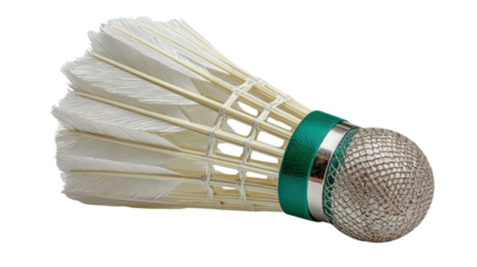Shuttlecock showing its white feathers and green band, a classic item for playing badminton sport games. Transparent background