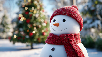 cute winter snowman with knit hat and scarf standing in snowy yard near decorated christmas tree, festive holiday scene with cozy seasonal atmosphere and joyful christmas mood
