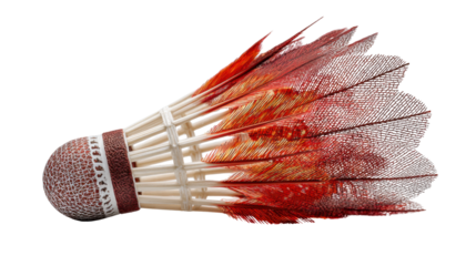 Shuttlecock showing red and orange feathers and a brown base, ready for badminton matches, practice, and recreation