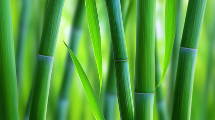 Obraz premium fresh bamboo stems and leaves in natural environment, tranquil zen atmosphere, spa wellness concept, eco nature background, tropical plant growth and greenery for relaxation themes