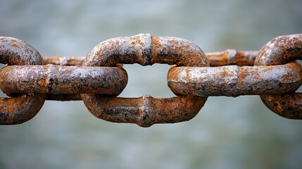 Thick and heavy rusted iron chain links fused together showing intricate texture and corrosion up close