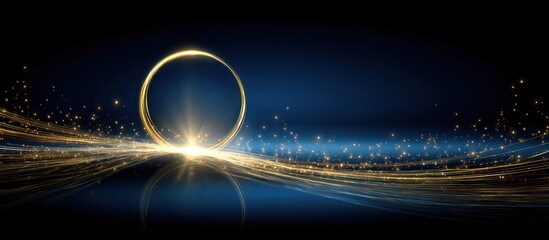 Abstract illustration of a glowing golden ring with light trails and reflections against blue