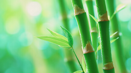 fresh bamboo stems and leaves in natural environment, tranquil zen atmosphere, spa wellness concept, eco nature background, tropical plant growth and greenery for relaxation themes