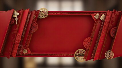 Elegant Red Oriental Frame with Golden Ornaments for Festive Celebrations and Cultural Design Backgrounds; Traditional Asian Border Template for Greeting Cards and Banners with Rich Textures