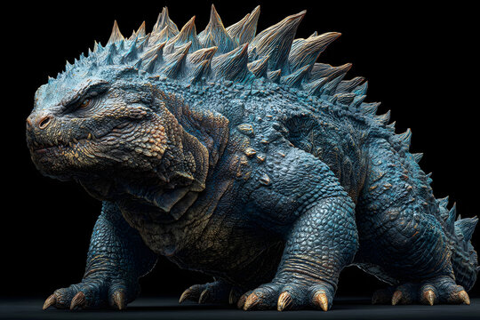 Massive godzilla creature towering with fierce expression and sharp spines against a plain background, showcasing its formidable and iconic presence in monster lore