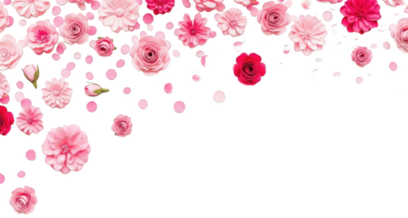 A vibrant and abundant arrangement of digitally rendered pink roses and delicate blossoms, presented in a scattered, falling composition with subtle shading and, isolated on transparent background.