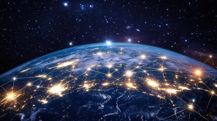The planet Earth seen from space with a glowing network of illuminated pathways connecting cities across the globe under a starry sky