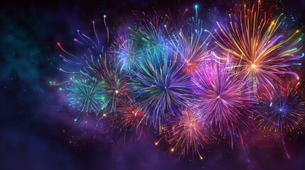 Fototapeta premium A vibrant, animated display of colorful fireworks exploding against a dark, starry night sky with a soft purple haze