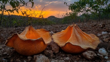 Two shriveled papery husks of dried fruit rest on the parched ground under a dramatic sunset sky