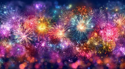 Fototapeta premium A vibrant display of colorful explosions illuminates a dark background, showcasing bursts of light in various hues