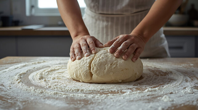 Hands kneading dough on a floured surface in a bakery kitchen. Concept of baking and artisanal food production.