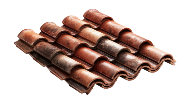 Terracotta roof tiles creating a protective and classic pattern, weathered clay material on transparent background - Powered by Adobe