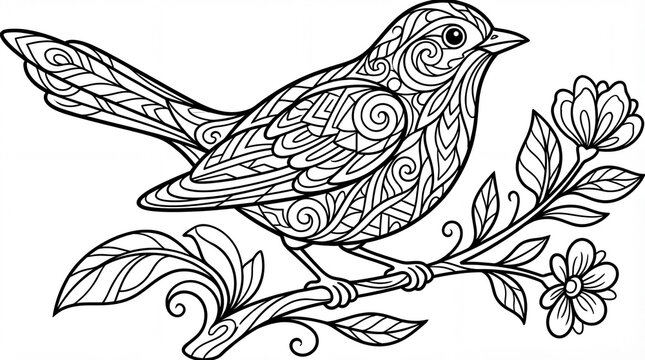 A black and white illustration of a bird on a flowering branch with intricate patterns