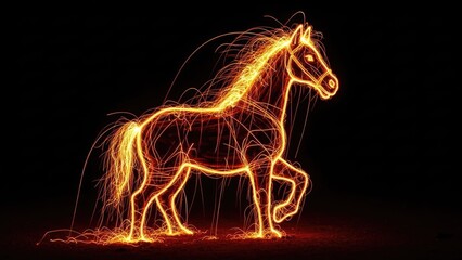 Dynamic equine silhouette illuminated by vibrant fiery trails, capturing the essence of strength and grace with an ethereal glow against a dark backdrop