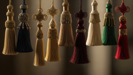 Collection of elegant, decorative tassels in various colors and styles, hanging gracefully