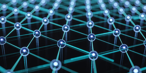 Repeating pattern of glowing teal network nodes and lines on black background Keywords: abstract