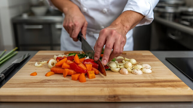 Chef&rsquo;s hands chopping fresh vegetables on a wooden cutting board. Professional kitchen environment, clean composition. Concept of food preparation and culinary work.