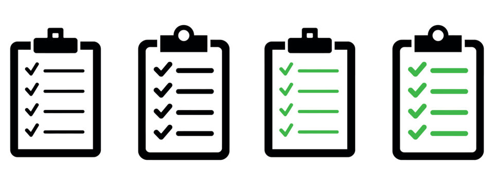 Four clipboards with checklists in black and green.