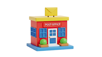 3D illustration of a stylized post office building on transparent background