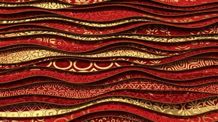 Intricate abstract undulating layers of rich red and gold patterned fabric, creating a luxurious textured background