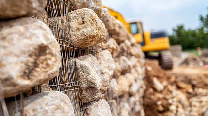 A gabion wall with heavy equipment in the background showcases a construction site. The close-up highlights the wire mesh and rocks, emphasizing civil engineering work.