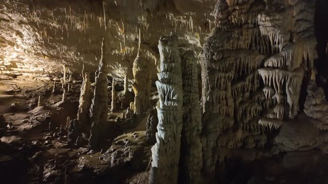 Stunning natural rock formations with stalactites and stalagmites inside a large, dark cavern