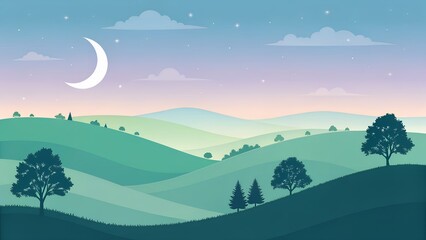 Serene night landscape with rolling hills and crescent moon, peaceful scenery, tranquil ambiance, glowing night sky, and calm natural atmosphere, AI Generated