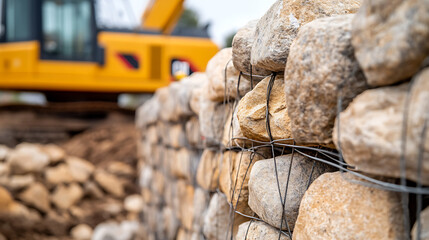 A sturdy rock wall, secured with wire, stands firm. In the background, heavy machinery hints at ongoing construction, blending natural defenses with human innovation.