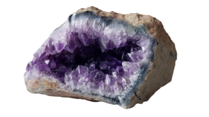 Amethyst geode showing purple quartz crystals inside a mineral rock formation, transparent background