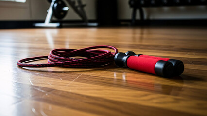Jump rope resting on wooden gym floor in fitness center  