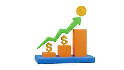3D Bar Chart with Green Upward Arrow and Gold Dollar Signs on transparent background