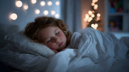 Young girl with curly hair peacefully sleeping in cozy bed, surrounded by soft blankets and warm ambient lights, creating a serene nighttime atmosphere for restful sleep