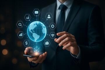 Global business concept with technology icons surrounding holographic earth projection emerging from smartphone device