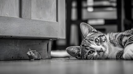 Tabby cat lying on the floor, observing a small mouse near a wooden cabinet, showcasing the natural predator-prey relationship in a domestic environment