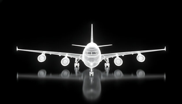 Futuristic Wireframe Hologram of a Commercial Jet Airplane on Black Background - Powered by Adobe