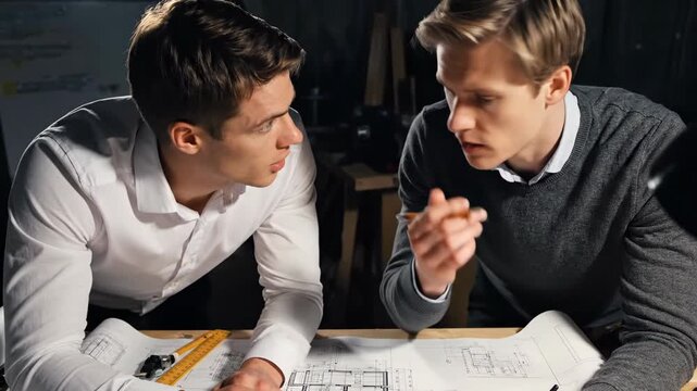 Two architects collaborating on a blueprint, discussing design plans and concepts.