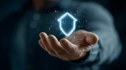 Male figure presenting a glowing digital shield icon in an outstretched hand, symbolizing security and protection in a futuristic technology environment