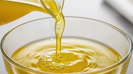 Golden oil pouring into clear glass bowl on white surface