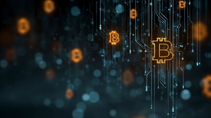 Digital image depicts a glowing bitcoin symbol overlaid on a dark circuit board pattern, with bokeh background