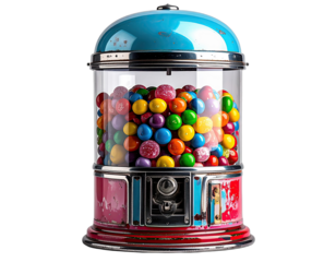 A classic gumball machine, brightly colored and filled with assorted candies, on a black background