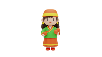 3D Cartoon girl in traditional Chinese clothing holding orange balls on transparent background