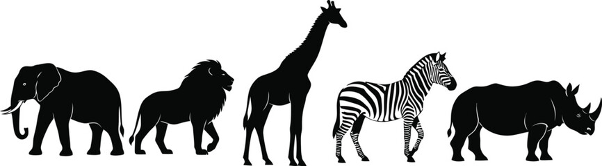Obraz premium Set of 5 safari animal silhouettes elephant lion giraffe zebra and rhino side view