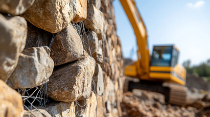A sturdy rock wall stands as a testament to construction prowess, while a yellow excavator toils in the background, building infrastructure on a sunny day.