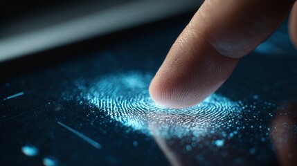 Close-up of a finger pressing onto a screen, activating a glowing fingerprint scan. The dark background adds emphasis