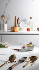 Stylish Kitchen Countertop with Elegant Cooking Utensils and Ingredients