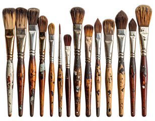 Fototapeta premium A collection of paint brushes with wooden handles and metal ferrules, arranged in a row