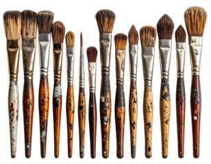 A collection of paint brushes with wooden handles and metal ferrules, arranged in a row