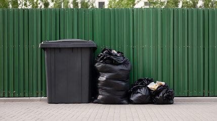 Outdoor scene features a dark waste container alongside overflowing black plastic bags, standing against a green fence. The setting captures a moment of waste management.